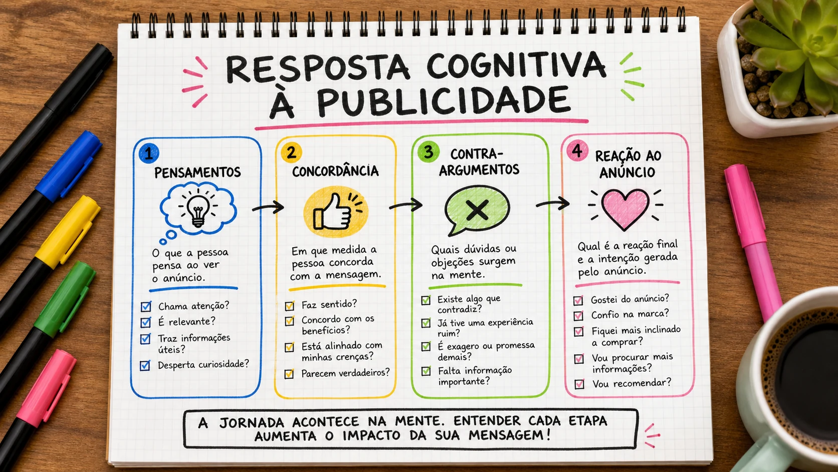 Cognitive response model advertising em uma cena editorial sobre decisão, mensagem e comportamento de compra.