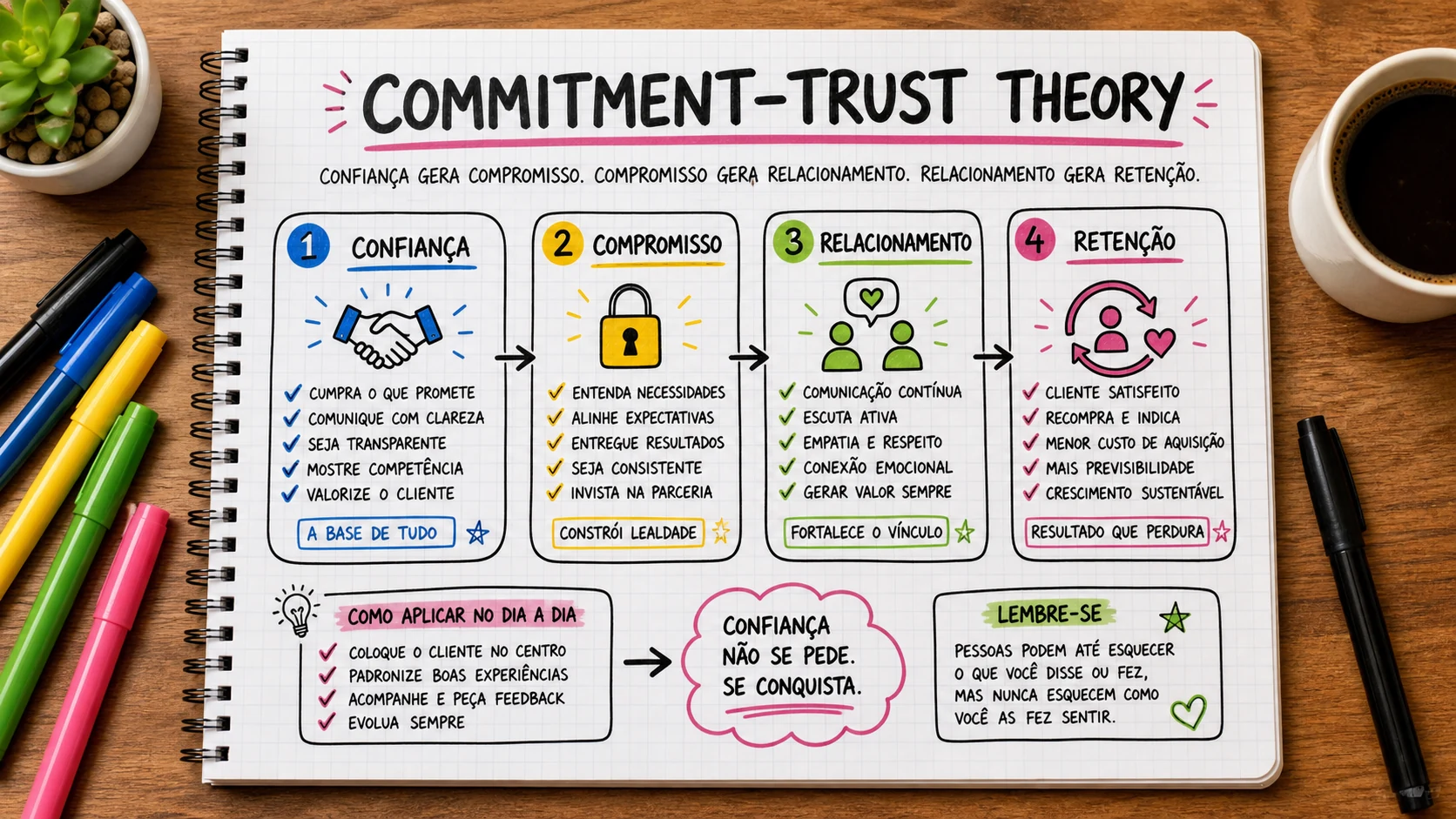 Commitment Trust Theory marketing em uma cena editorial sobre decisão, mensagem e comportamento de compra.