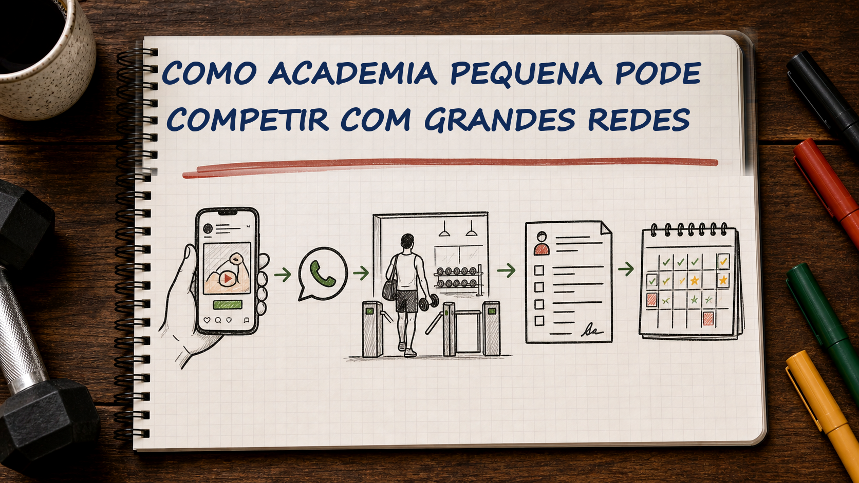 Caderno com guia visual sobre como academia pequena competir com grandes redes para gestores de academias