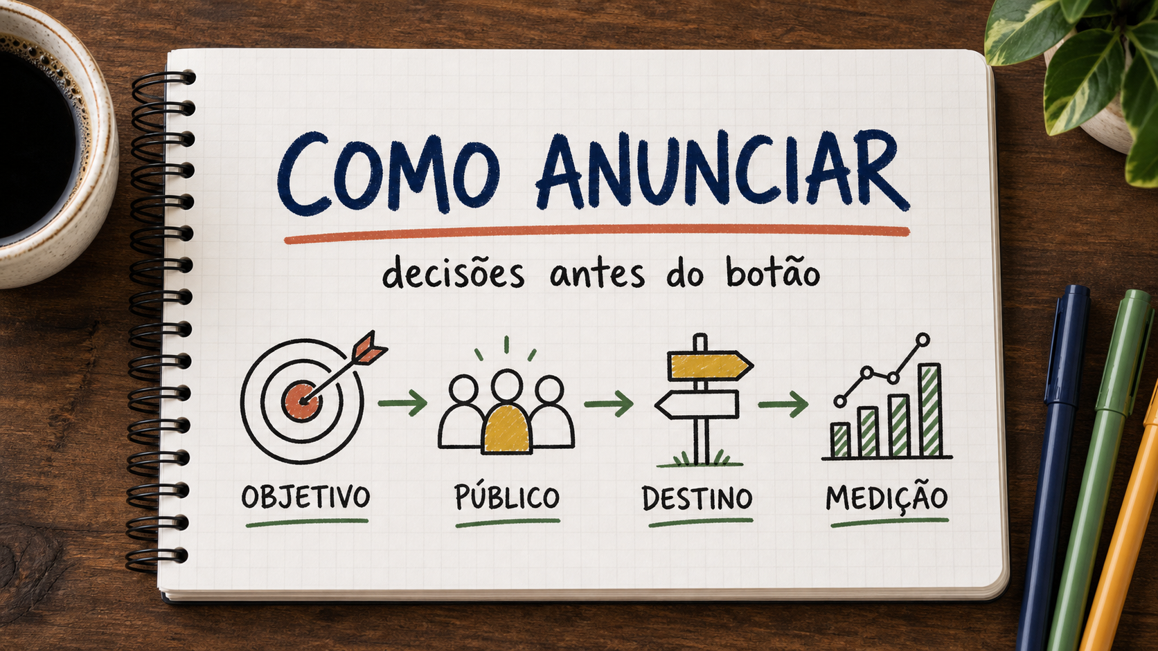 Caderno ilustrado sobre como anunciar no Instagram, com etapas de campanha, atendimento e venda