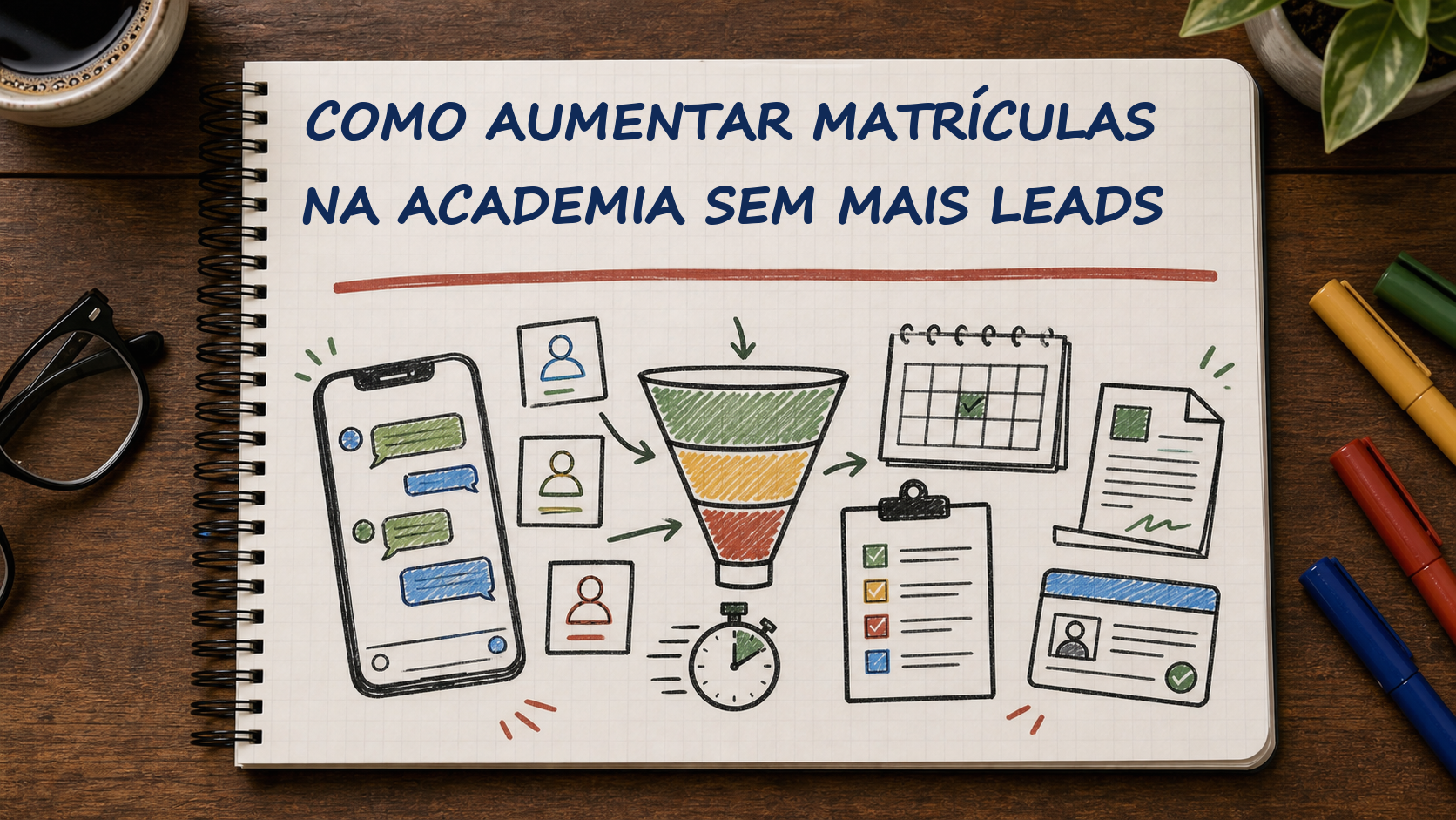 Caderno com guia visual sobre como aumentar matrículas na academia para gestores de academias