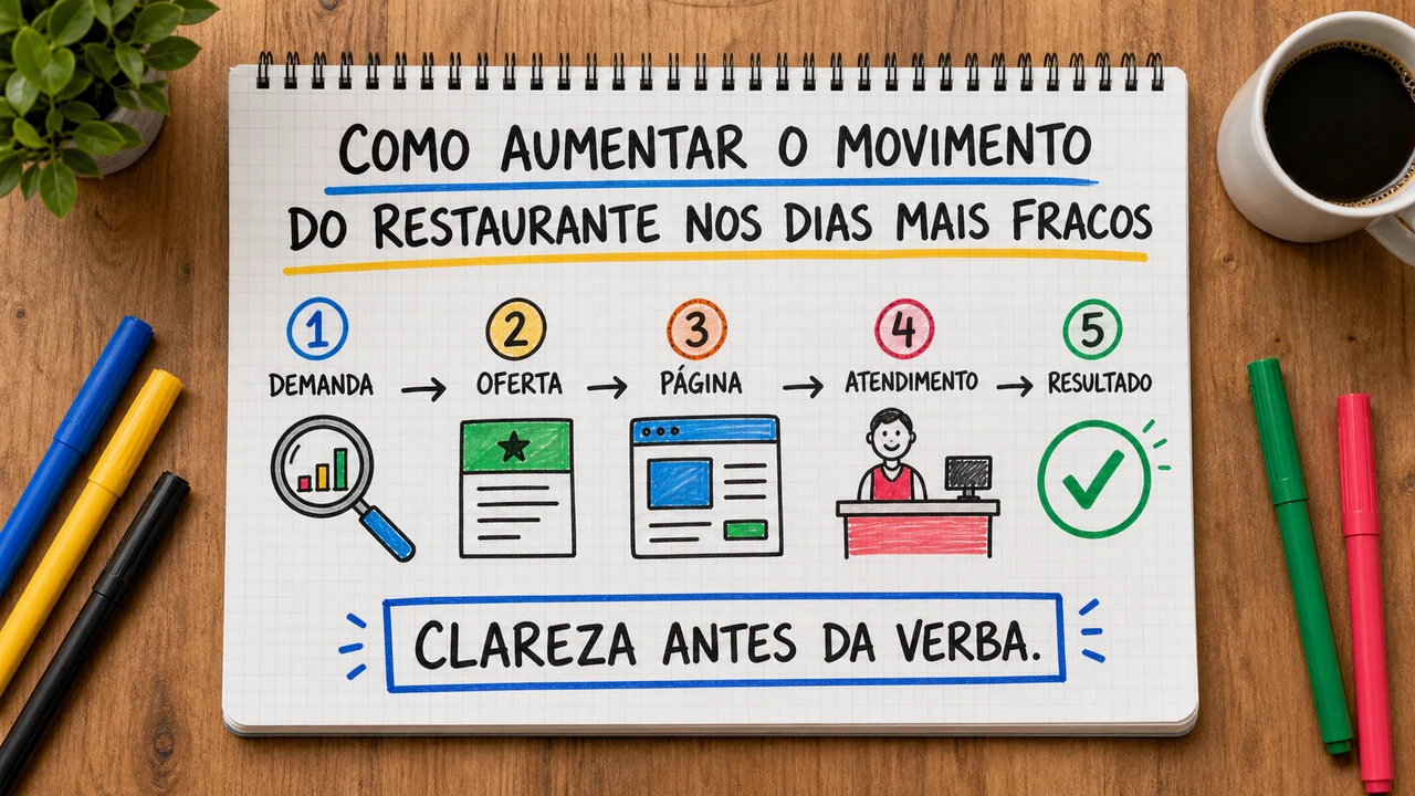 Composição editorial sobre como aumentar o movimento do restaurante nos dias conectando campanha, atendimento e resultado