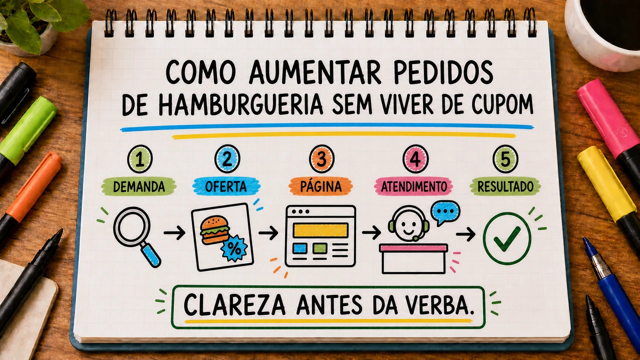 Composição editorial sobre como aumentar pedidos de hamburgueria sem viver de cupom conectando campanha, atendimento e resultado