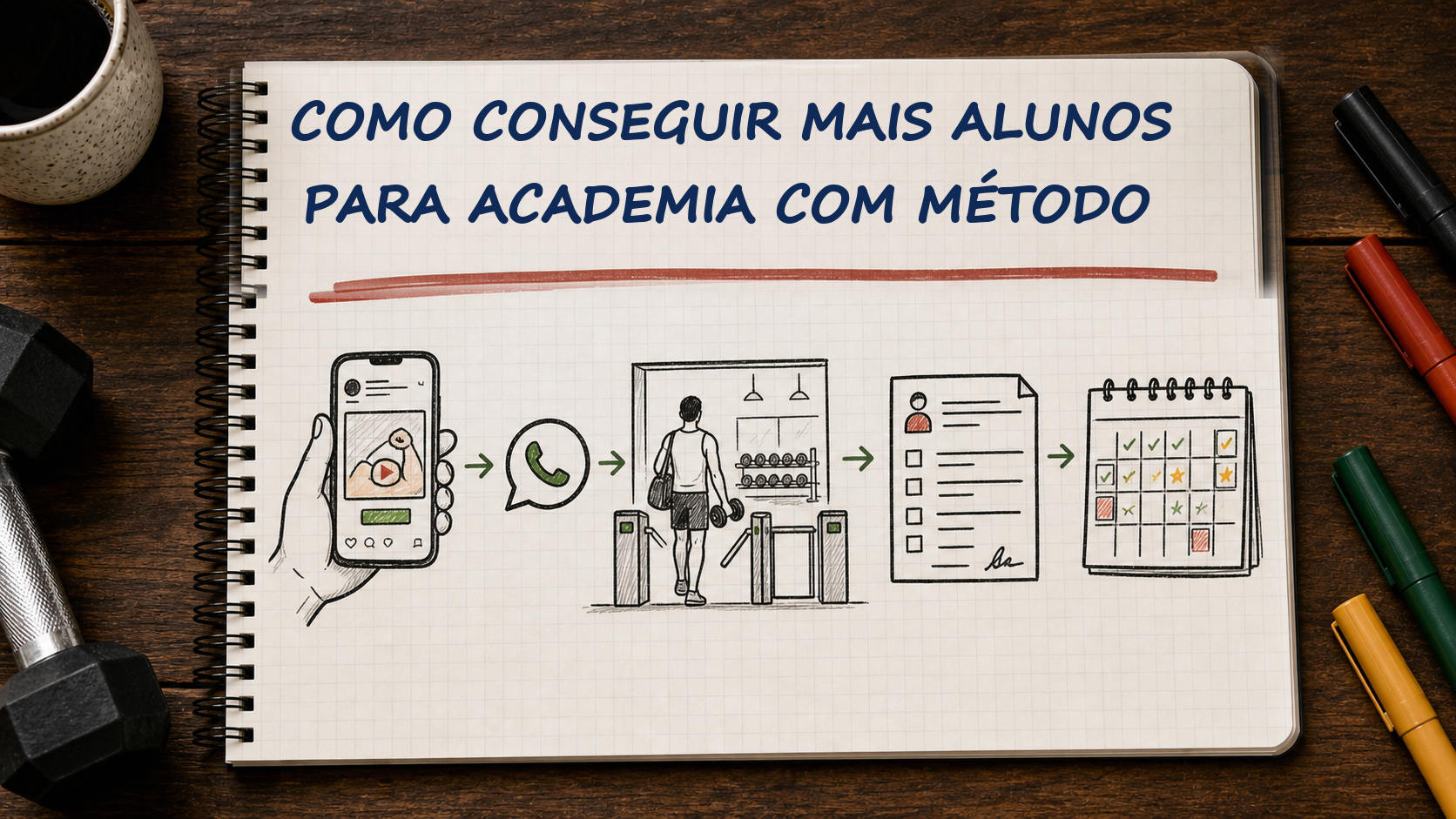 Caderno com guia visual sobre como conseguir mais alunos para academia para gestores de academias