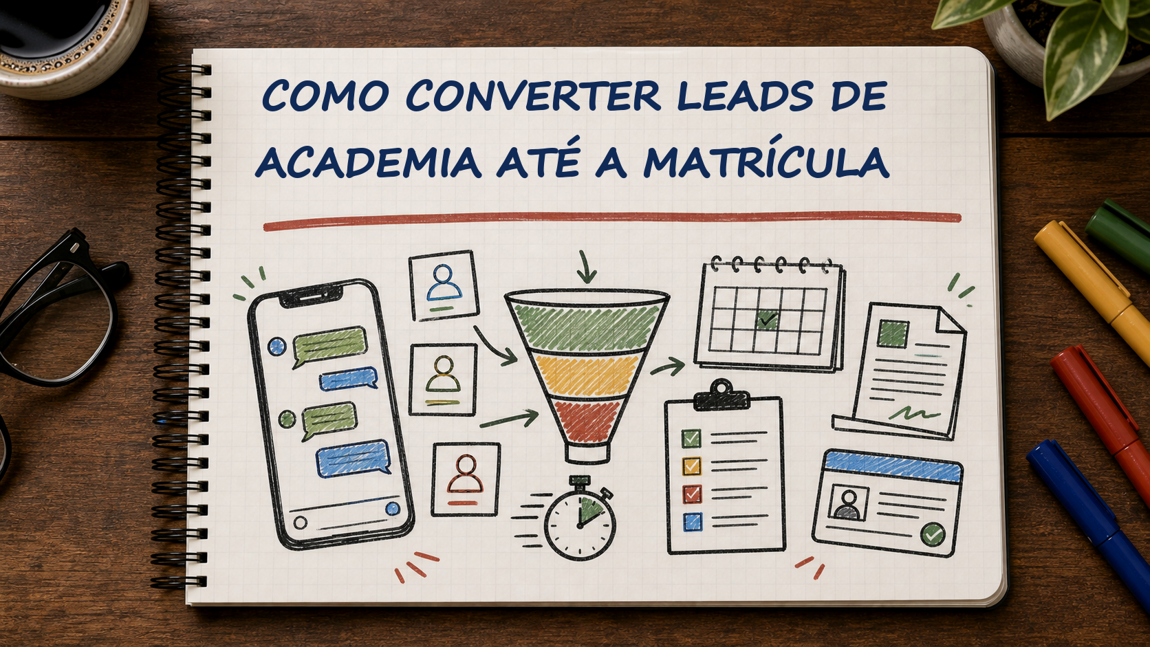 Caderno com guia visual sobre como converter leads de academia para gestores de academias
