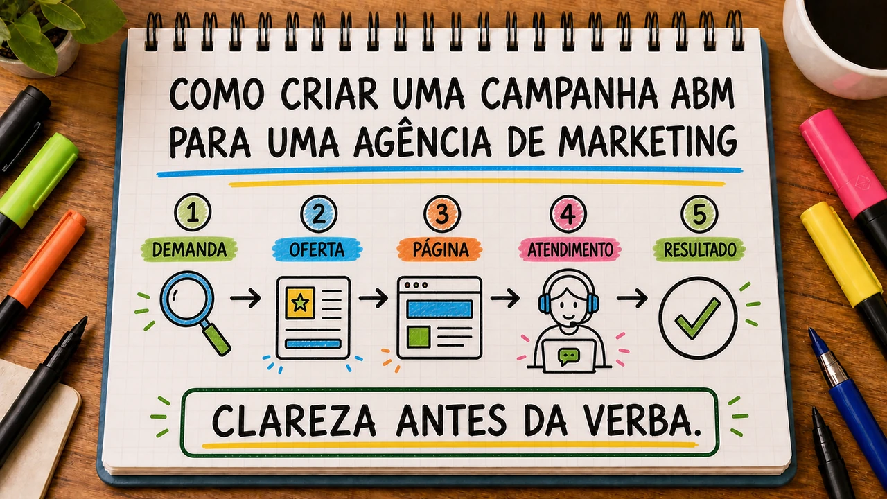 Composição editorial sobre como criar uma campanha abm para uma agência conectando campanha, atendimento e resultado
