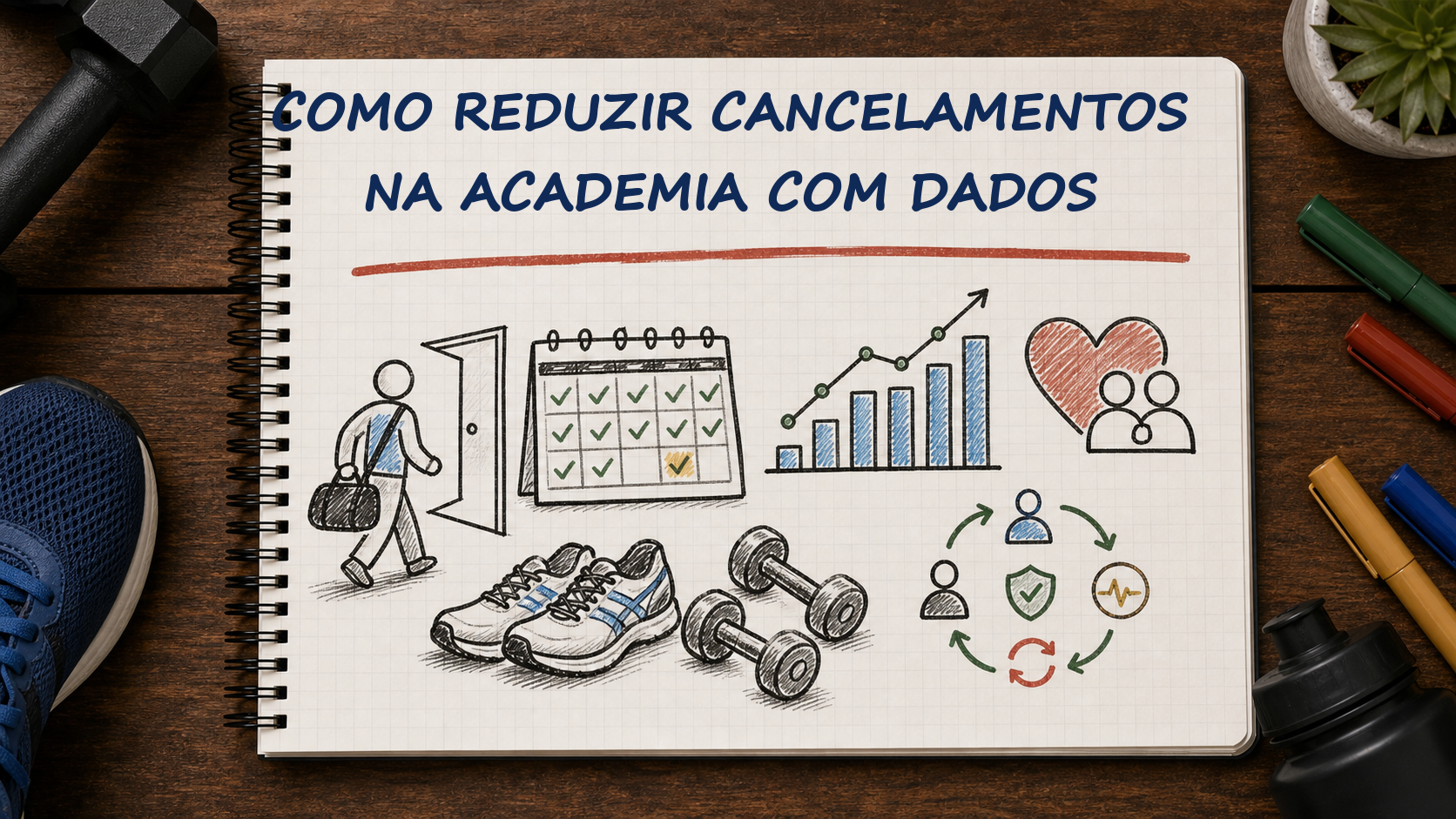 Caderno com guia visual sobre como reduzir cancelamentos academia para gestores de academias