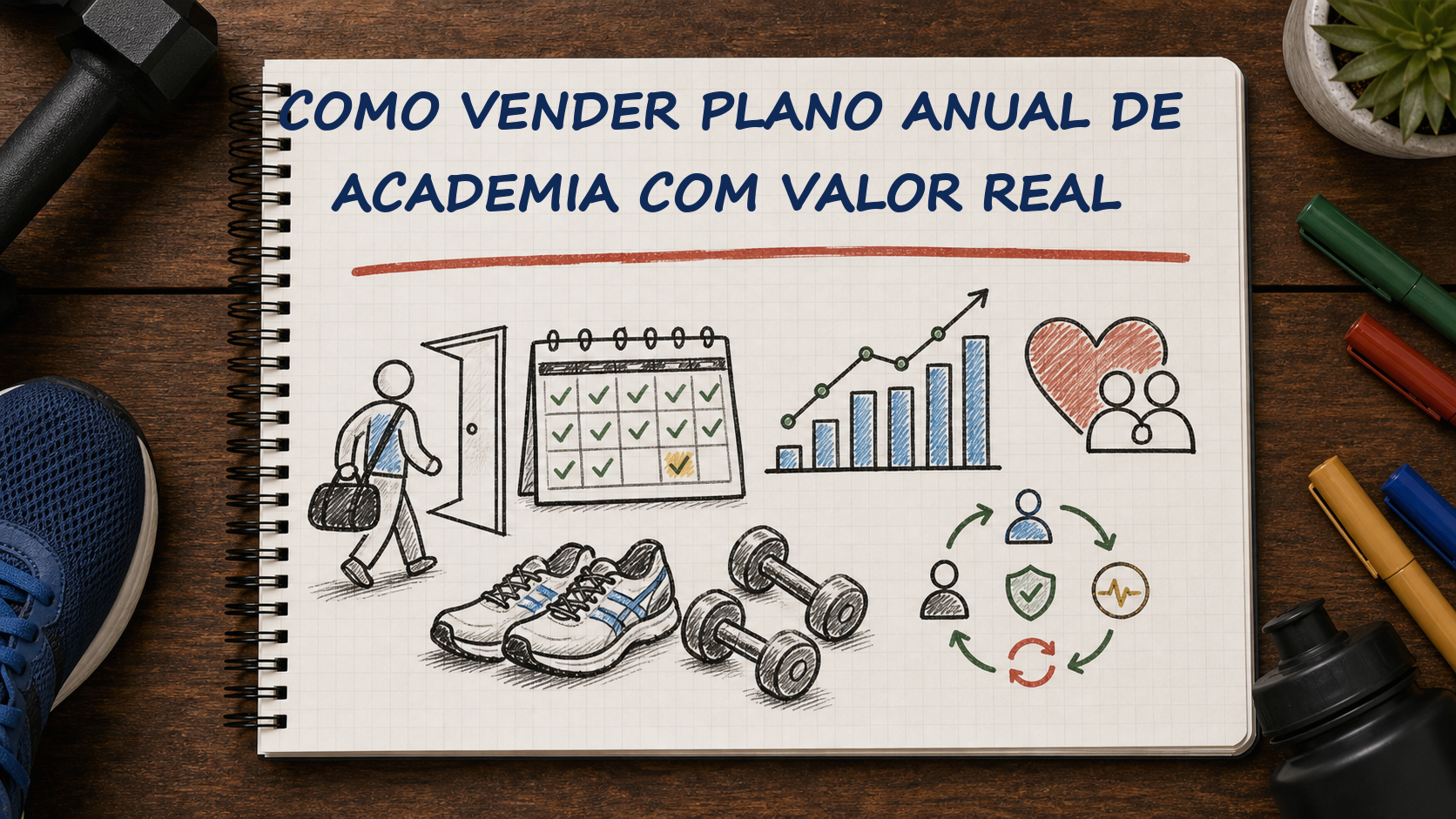 Caderno com guia visual sobre como vender plano anual academia para gestores de academias