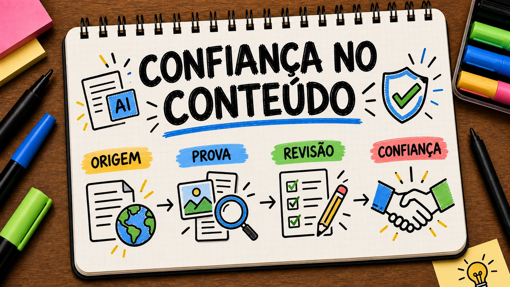 Confiança em conteúdo sintético baseada em origem, prova, revisão e responsabilidade