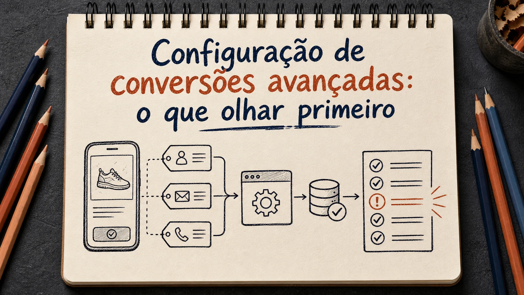 Configuração de conversões avançadas em uma cena editorial sobre diagnóstico, escolha e próximos passos.