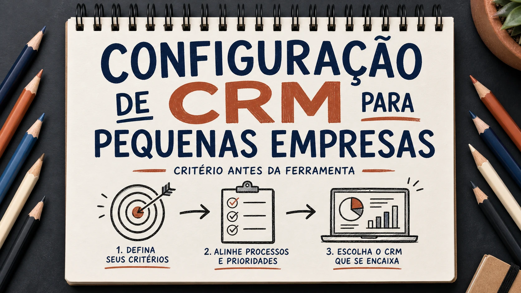 Configuração de CRM organizado em uma capa editorial com critérios, canais e próximos passos.