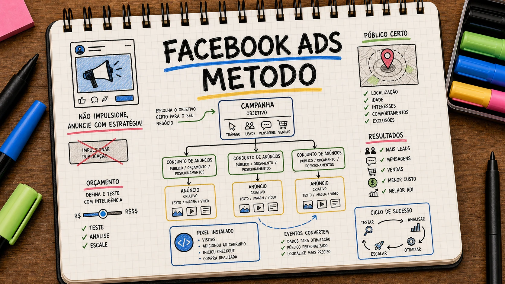 Configurar campanhas Facebook Ads Bauru com objetivo, público, pixel e conversões