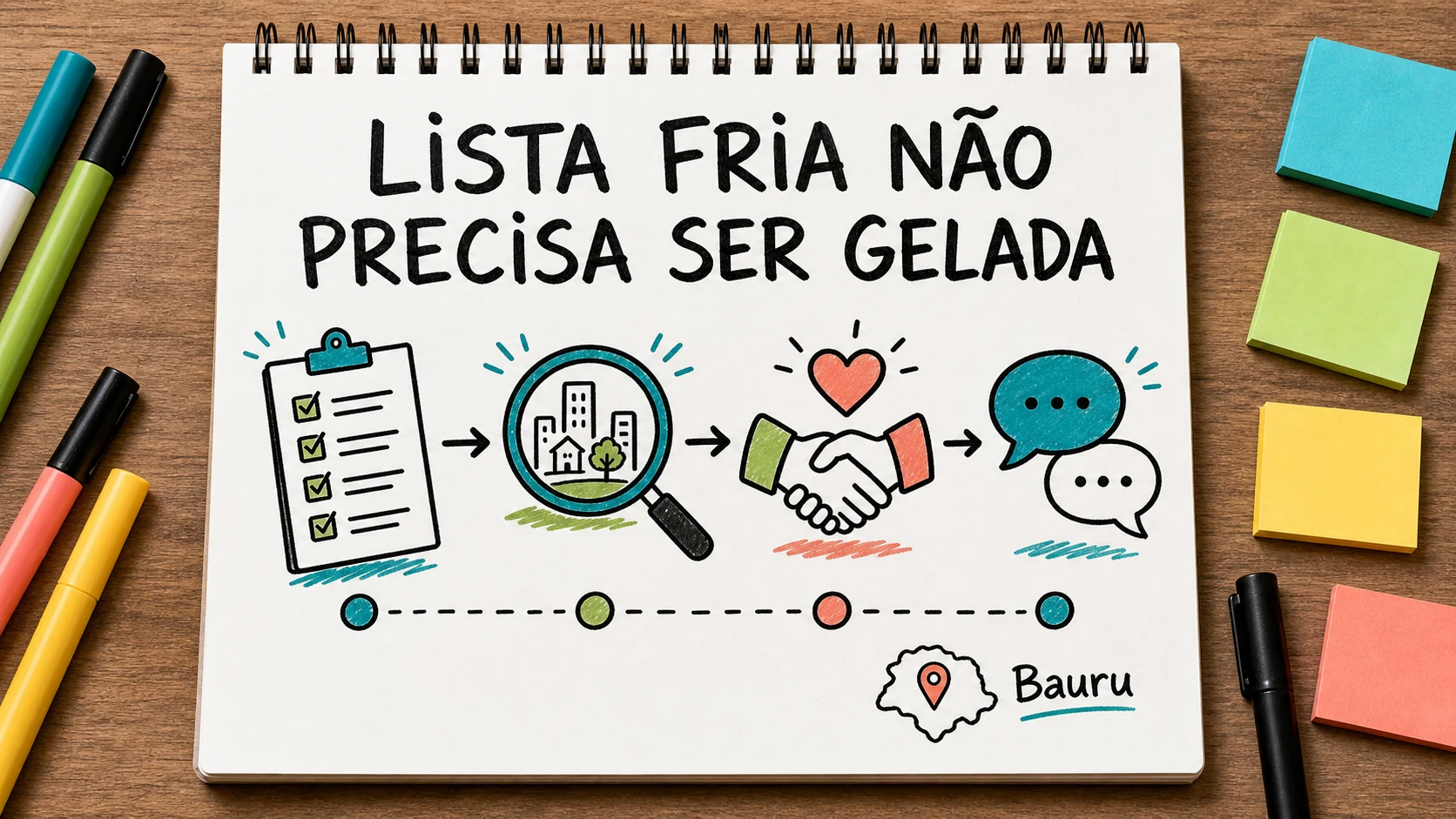 Caderno colorido com listas riscadas e uma rota organizada para conseguir clientes para corretora