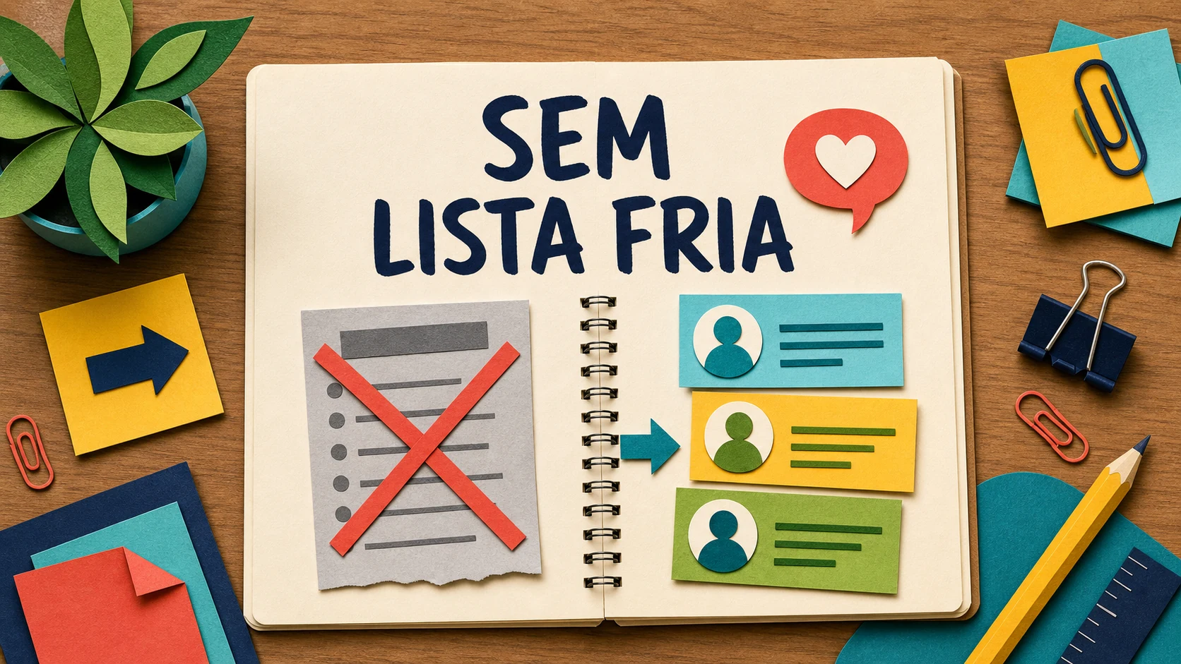 Caderno colorido com listas riscadas e uma rota organizada para conseguir clientes para corretora