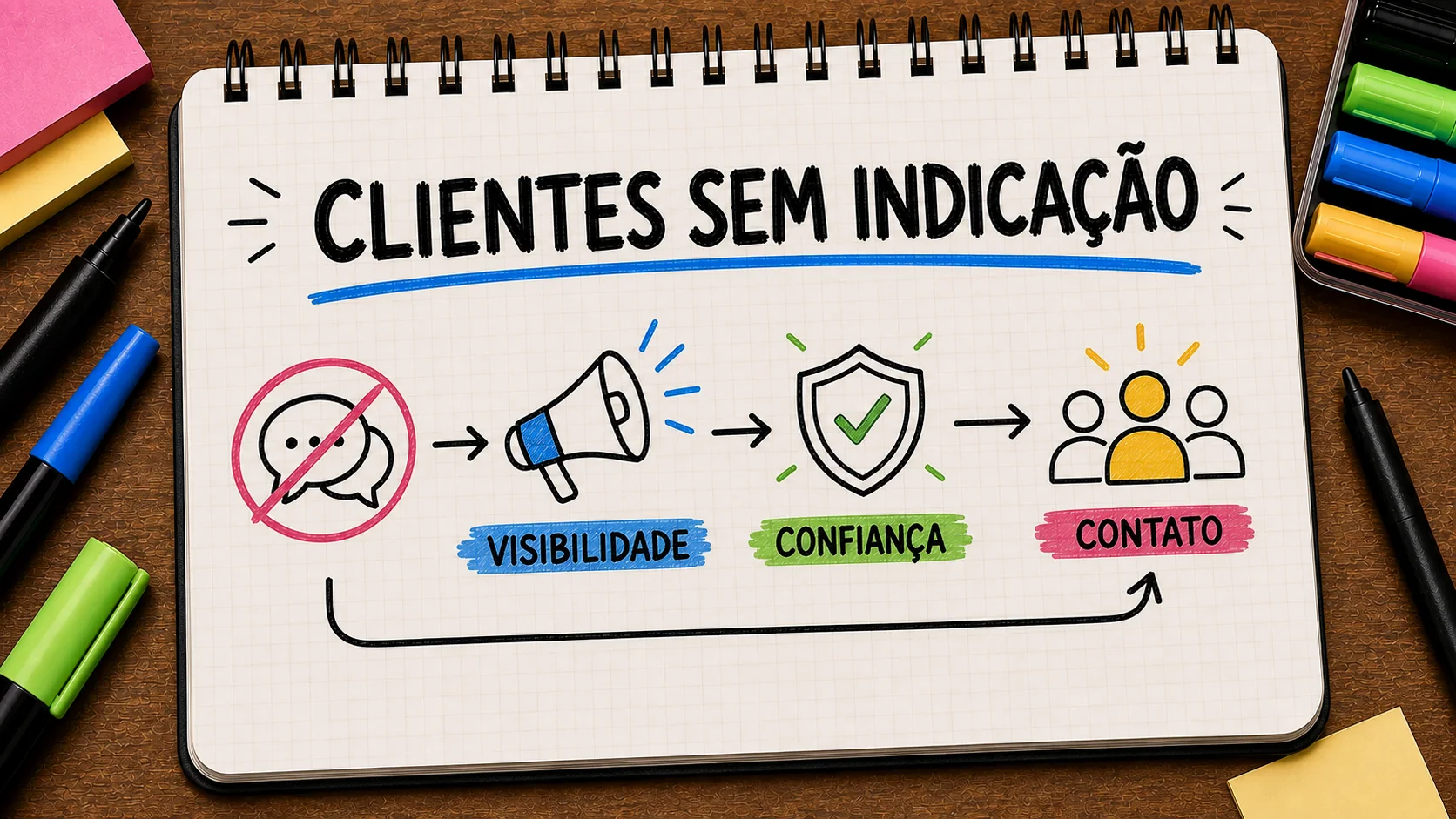 como conseguir clientes sem indicação representado como caminho entre anúncio, contato e
