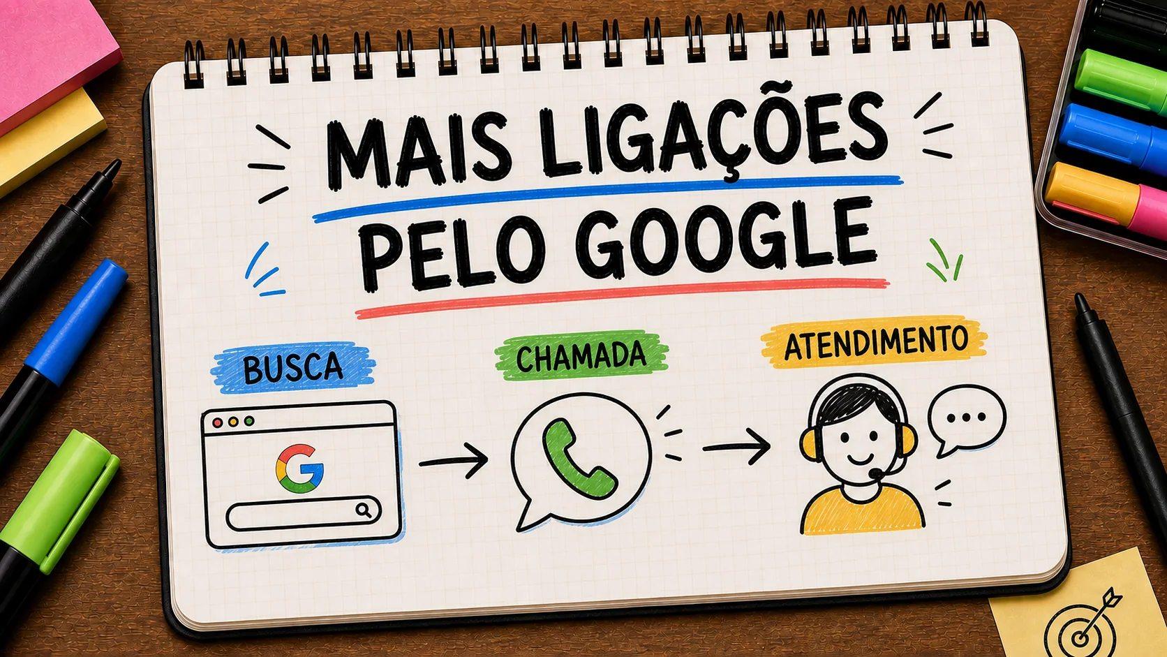 como conseguir ligações de clientes pelo Google representado como caminho entre anúncio, contato e