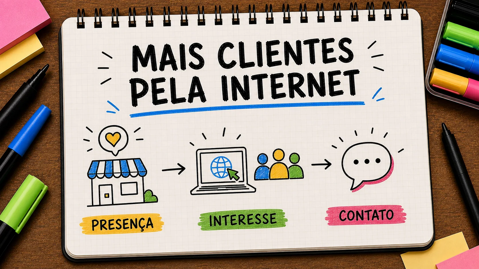 como conseguir mais clientes para minha empresa representado como caminho entre anúncio, contato e
