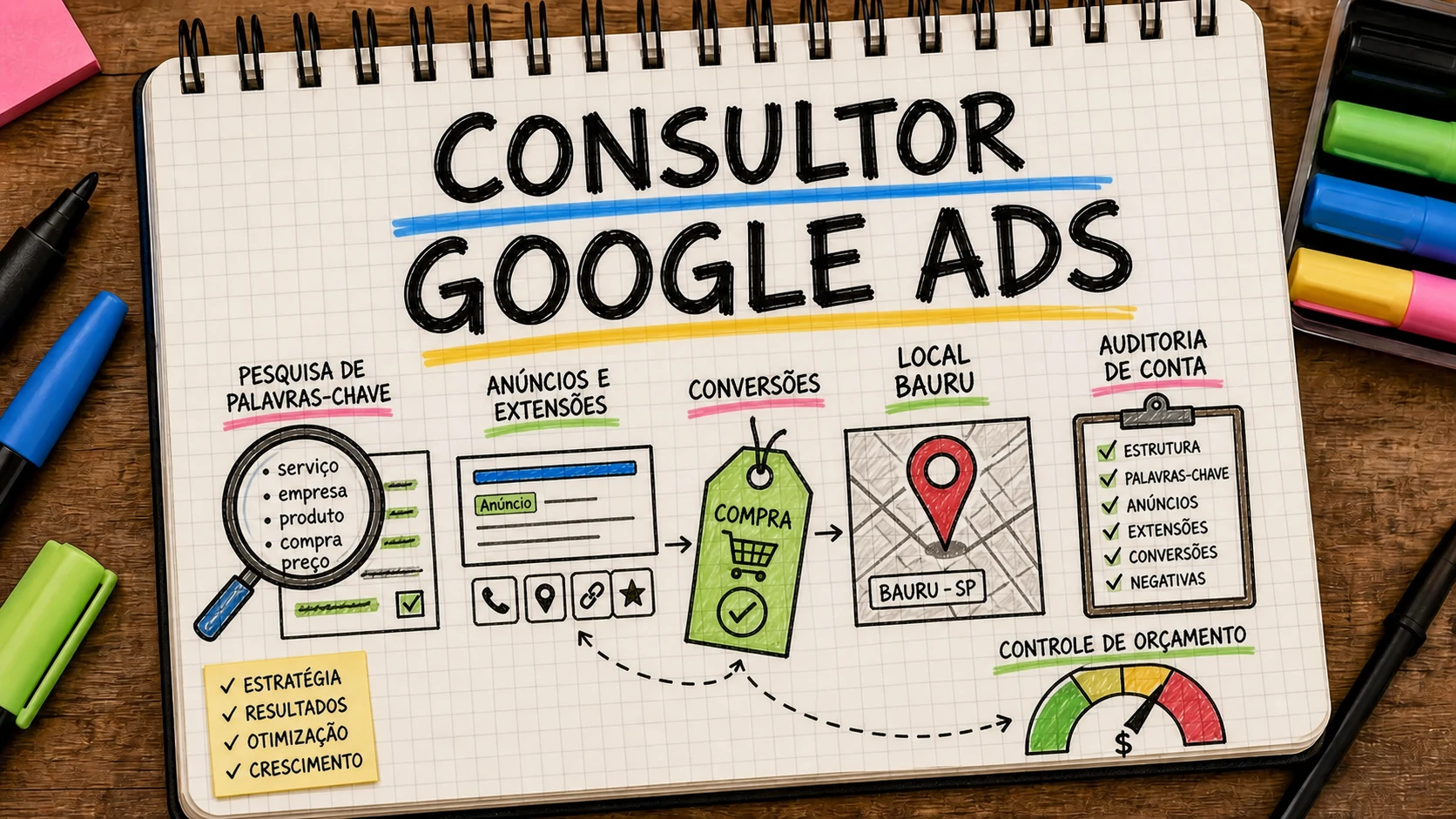 Consultor de Google Ads em Bauru diagnosticando conta, palavras-chave e conversões