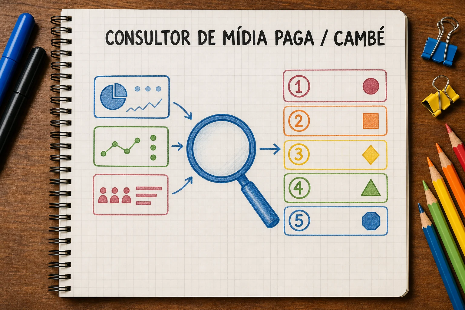 consultor de mídia paga em Cambé representado por responsabilidades, decisões e indicadores de mídia