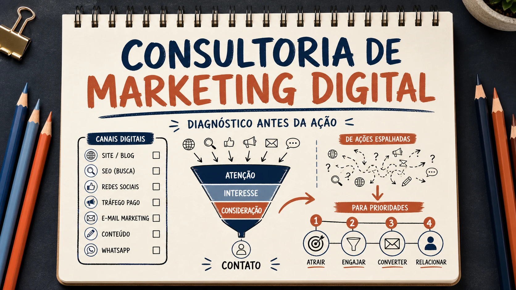 Consultoria de marketing digital organizado em uma capa editorial com critérios, canais e próximos passos.