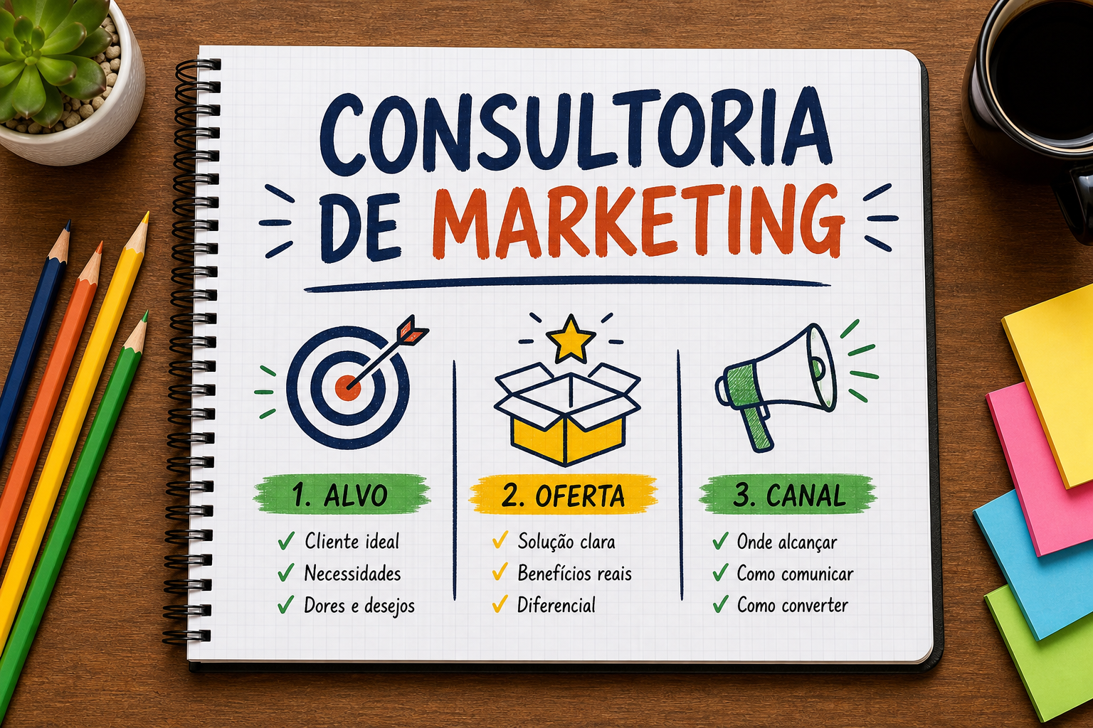 Caderno com prioridades de marketing para uma pequena empresa, cliente, oferta e canais.