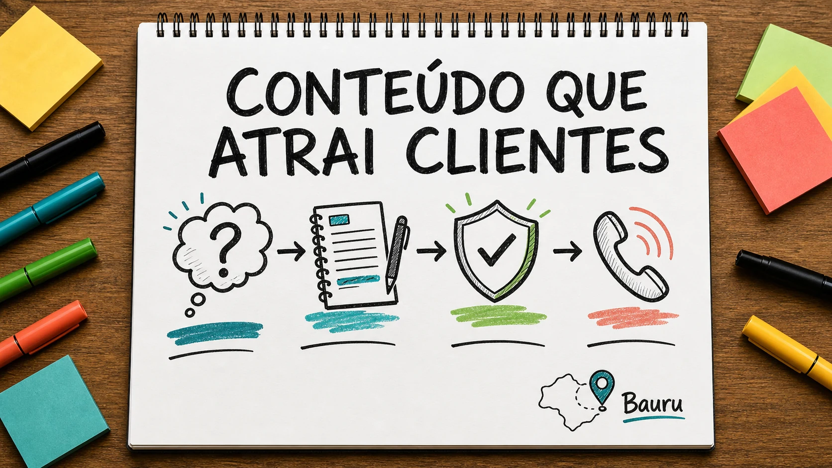 Caderno colorido com uma lâmpada e documentos para conteúdo de corretora