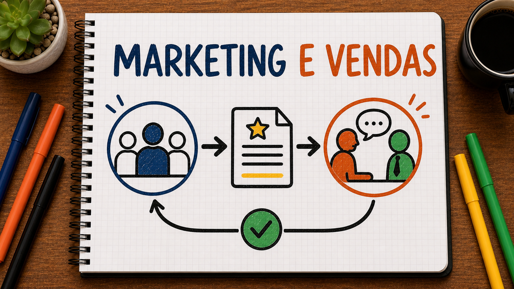 Caderno ilustrado sobre conteúdo entre marketing e vendas, mostrando dúvida, ativo, conversa, feedback