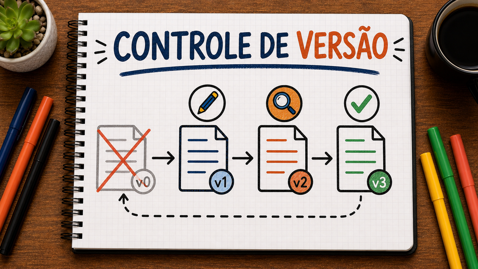 Caderno ilustrado sobre controle de versão de conteúdo, mostrando rascunho, revisão, aprovado, histórico