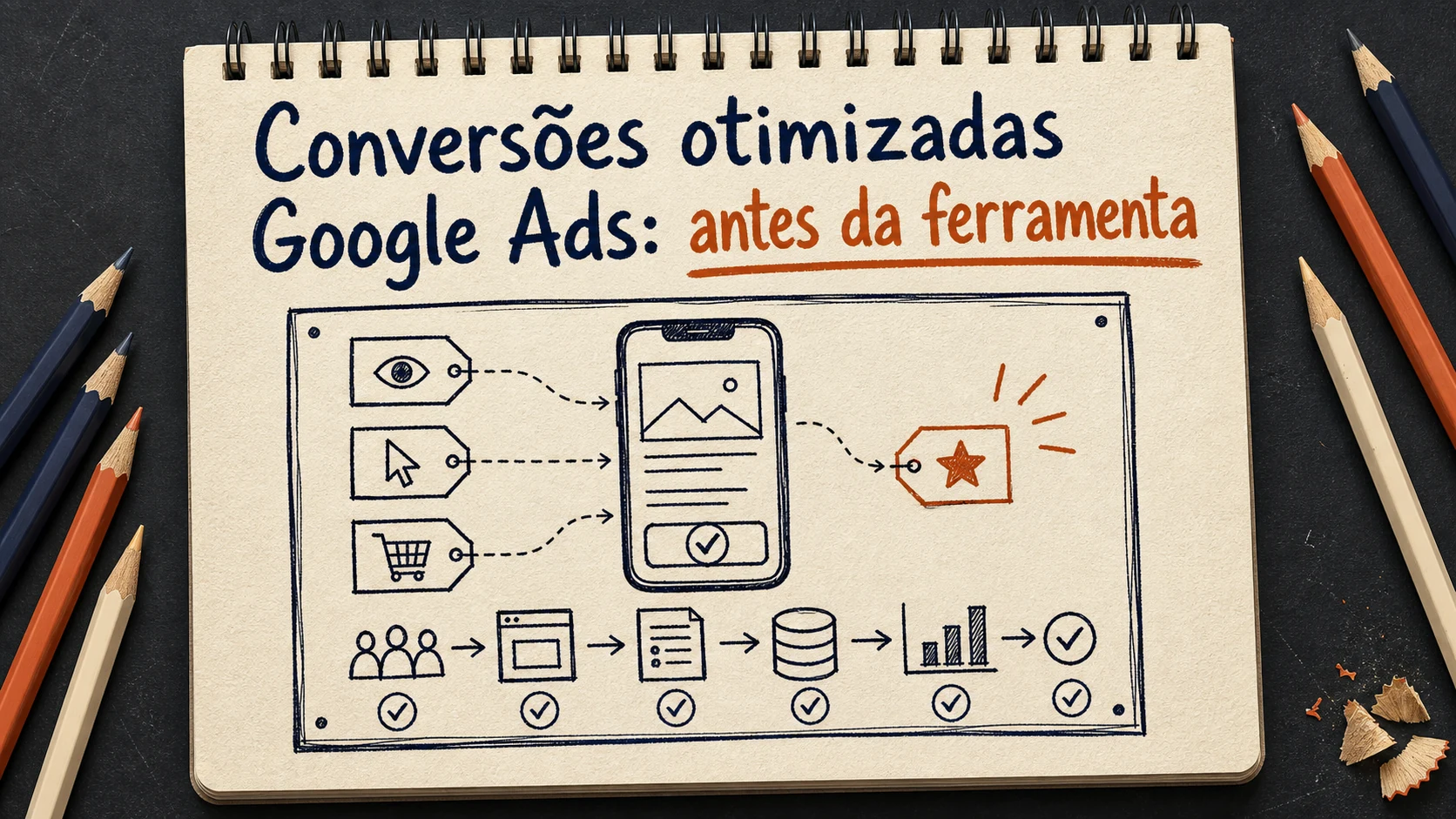 Conversões otimizadas Google Ads em uma cena editorial sobre diagnóstico, escolha e próximos passos.