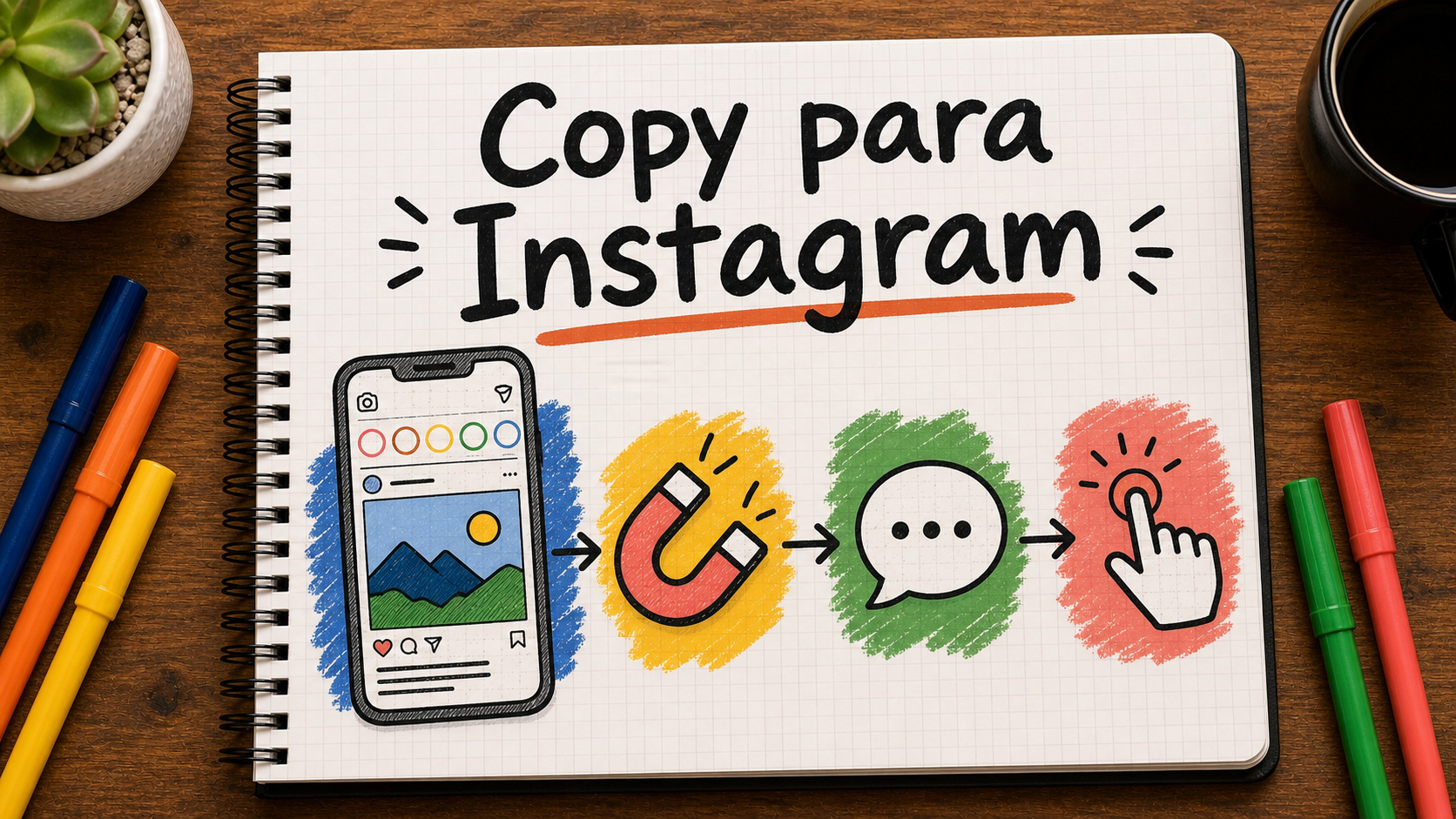Ilustração em caderno sobre copy para anúncios no Instagram, com setas, blocos e anotações de estratégia de comunicação