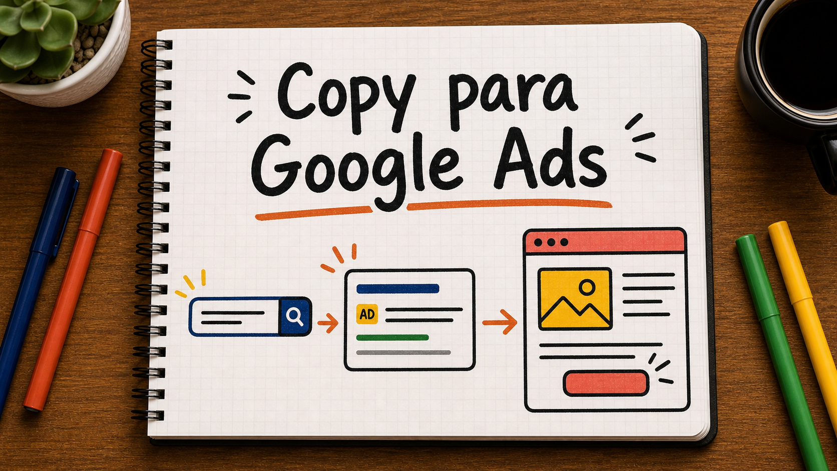 Ilustração em caderno sobre copy para Google Ads, com setas, blocos e anotações de estratégia de comunicação