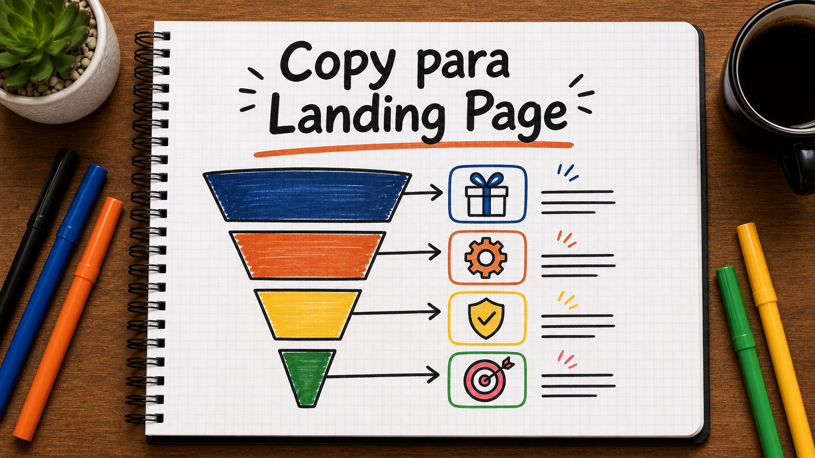 Ilustração em caderno sobre copy para landing page, com setas, blocos e anotações de estratégia de comunicação