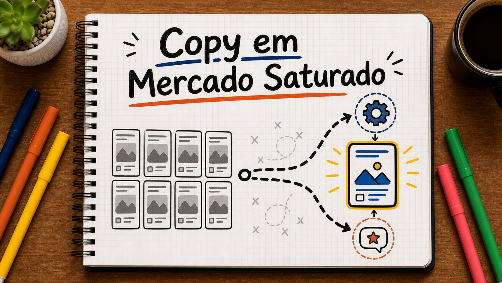 Ilustração em caderno sobre copy para mercado saturado, com setas, blocos e anotações de estratégia de comunicação