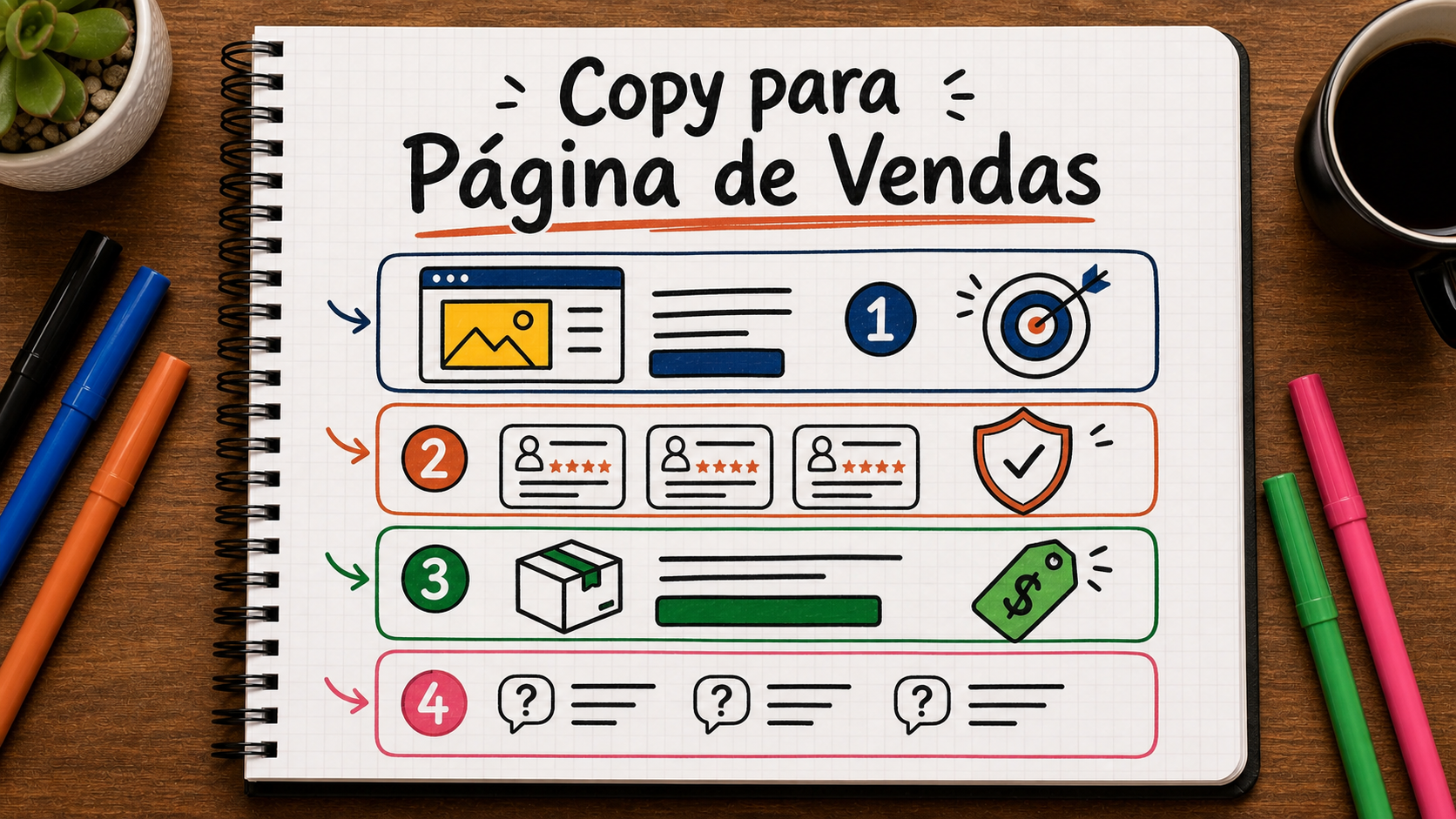 Ilustração em caderno sobre copy para página de vendas, com setas, blocos e anotações de estratégia de comunicação