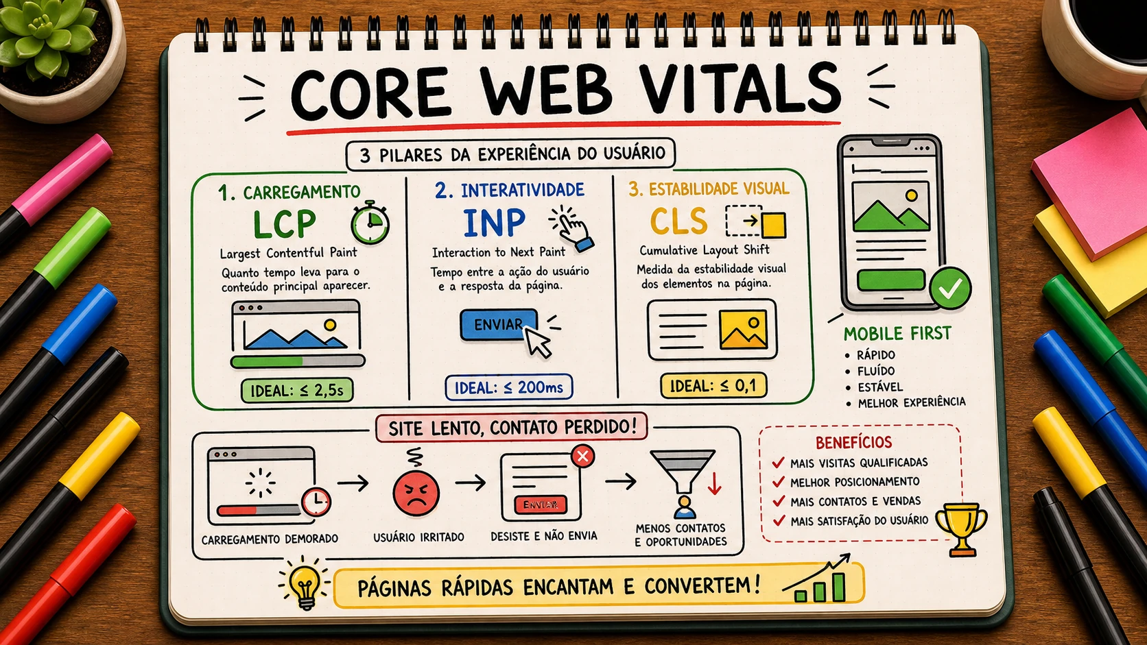 Core Web Vitals mostrando carregamento, interatividade e estabilidade de site local