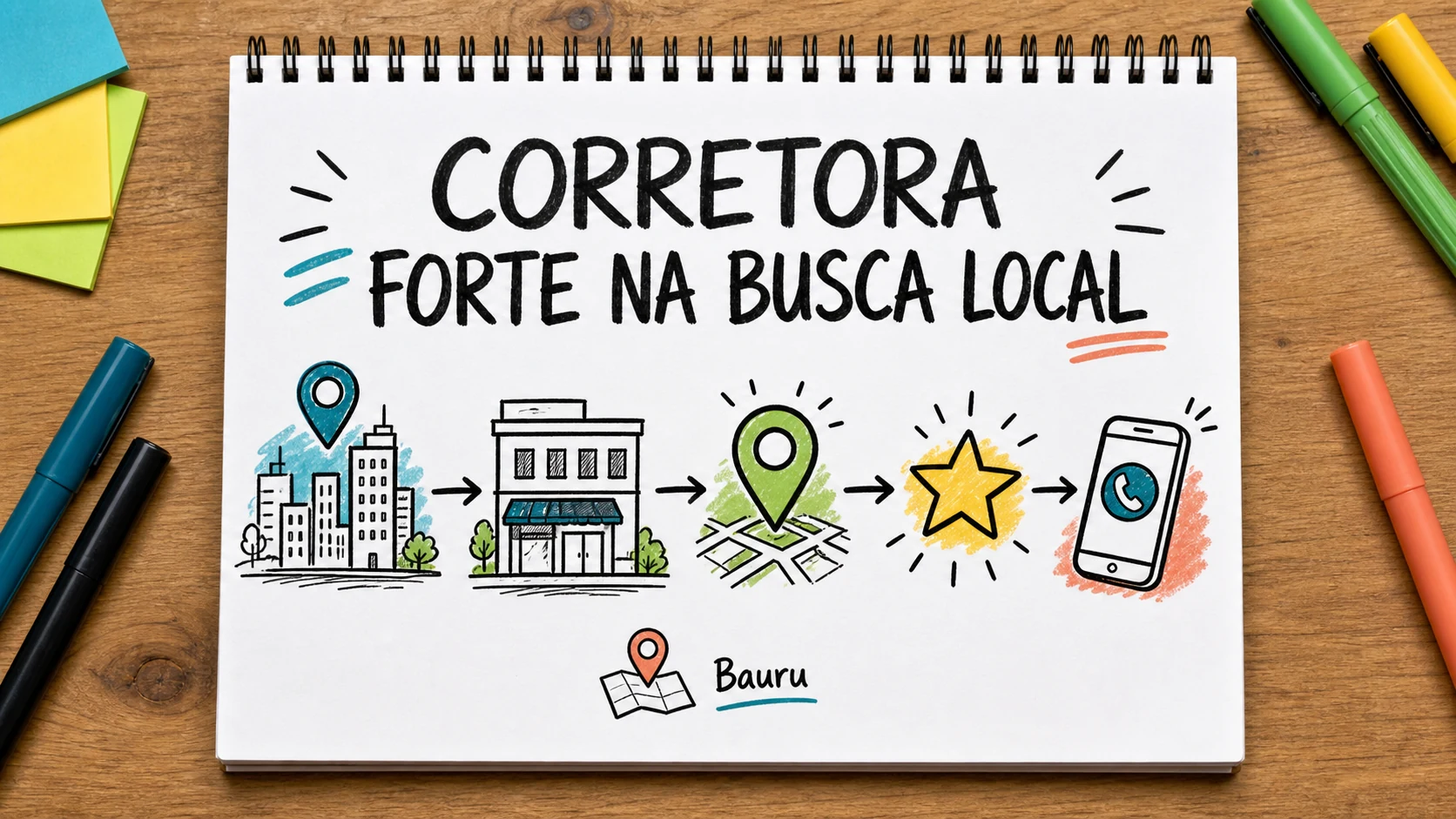 Caderno colorido com um mapa de cidade e busca local para corretora