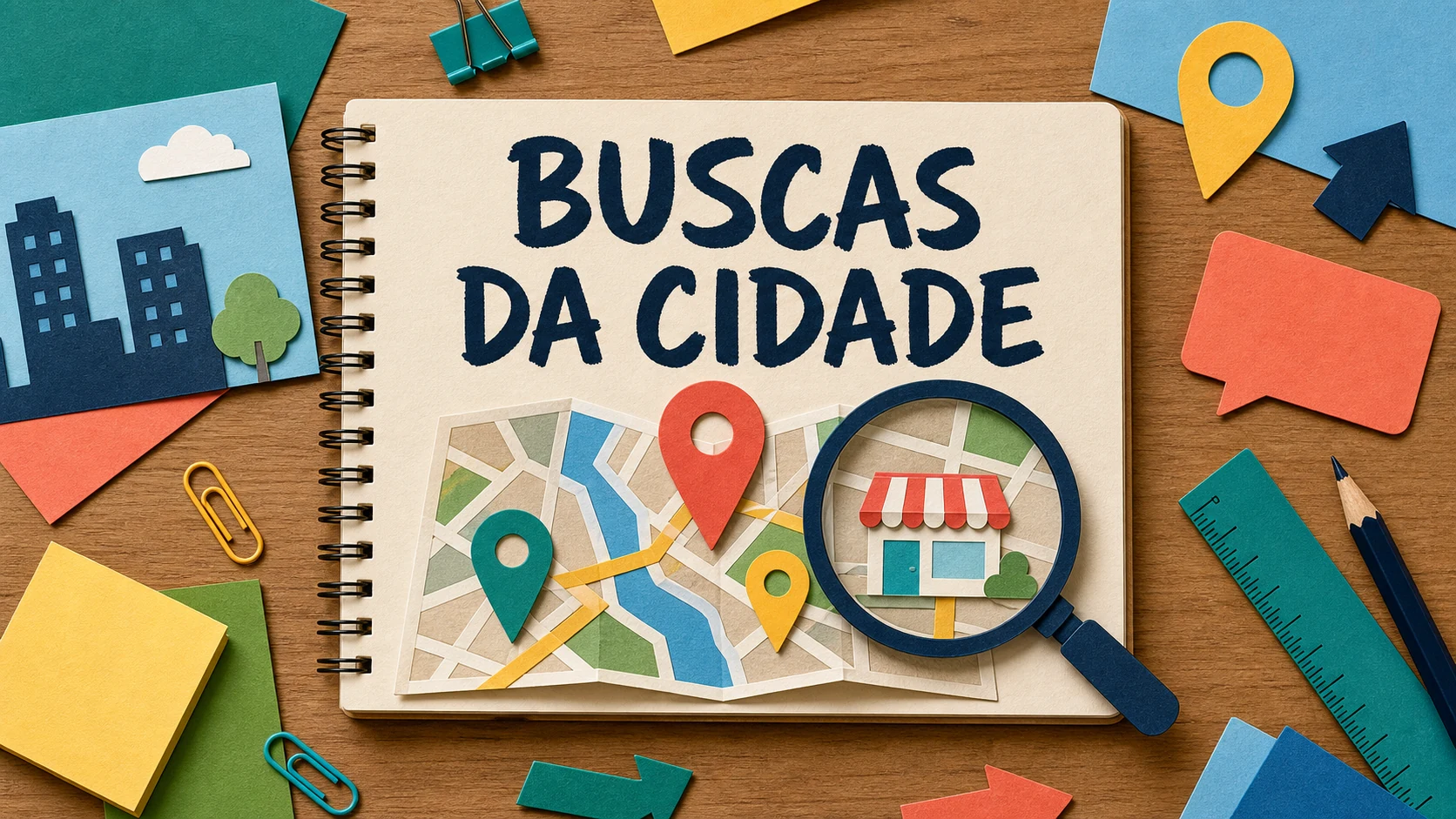 Caderno colorido com um mapa de cidade e busca local para corretora