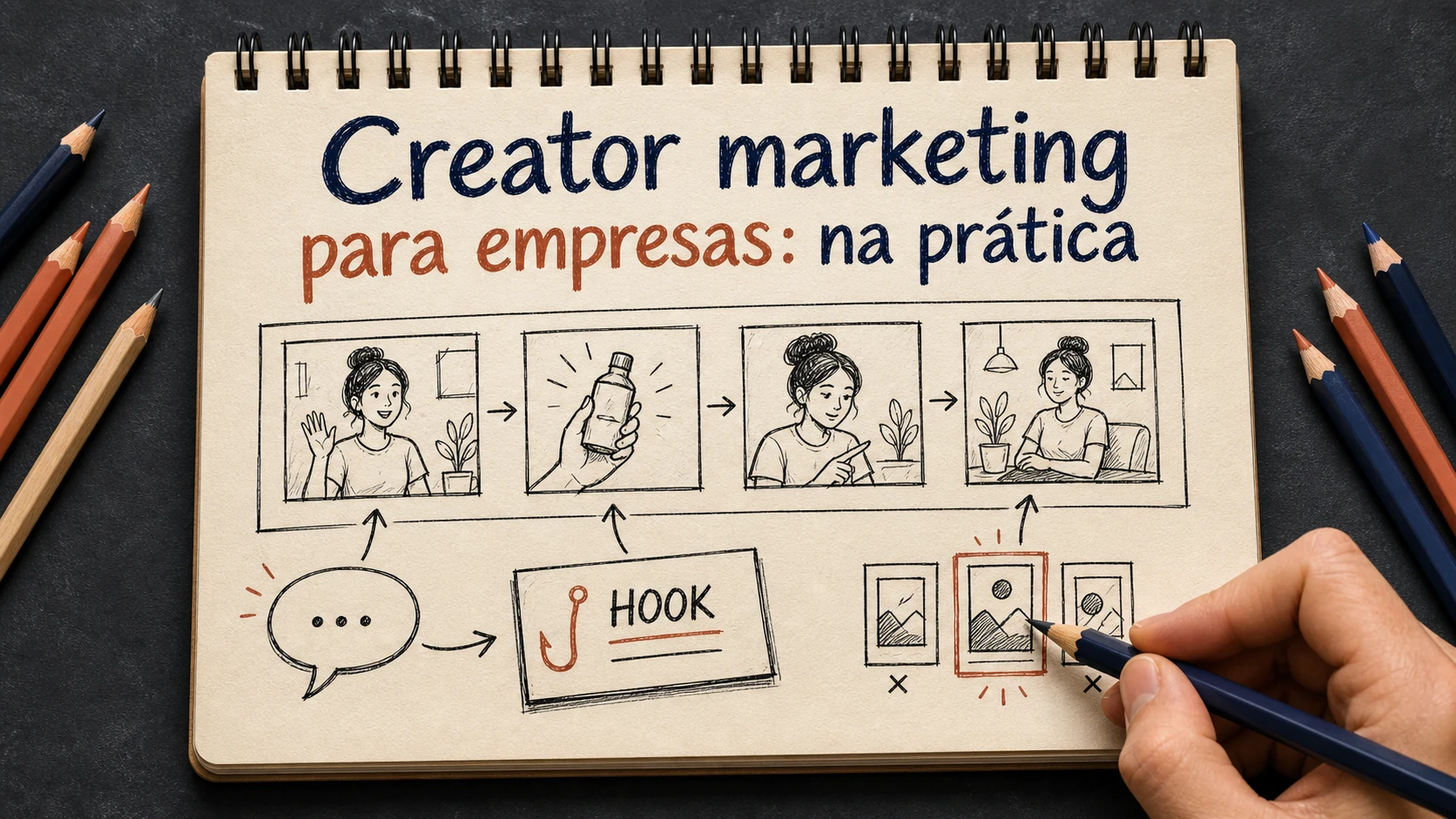 Creator marketing para empresas em uma cena editorial sobre diagnóstico, escolha e próximos passos.
