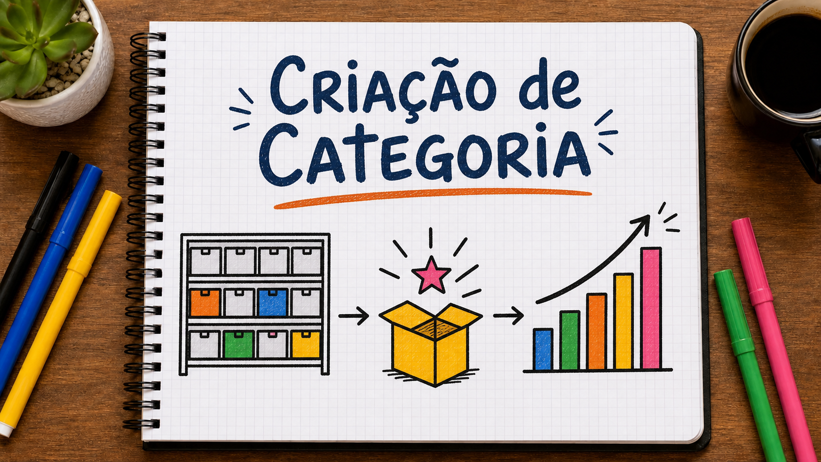 Caderno com mapa visual sobre criação de categoria de mercado aplicado à estratégia de marketing