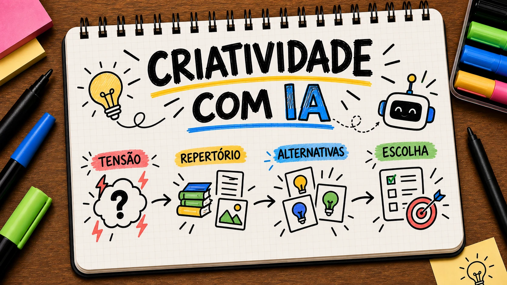 Criatividade humana com IA ligando tensão, repertório, alternativas e seleção