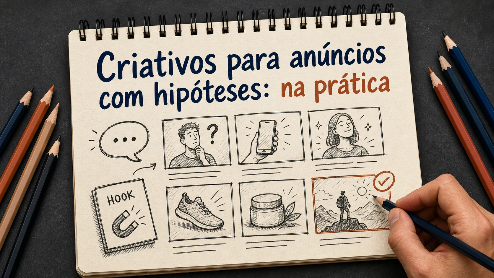 Criativos para anúncios com hipóteses em uma cena editorial sobre diagnóstico, escolha e próximos passos.