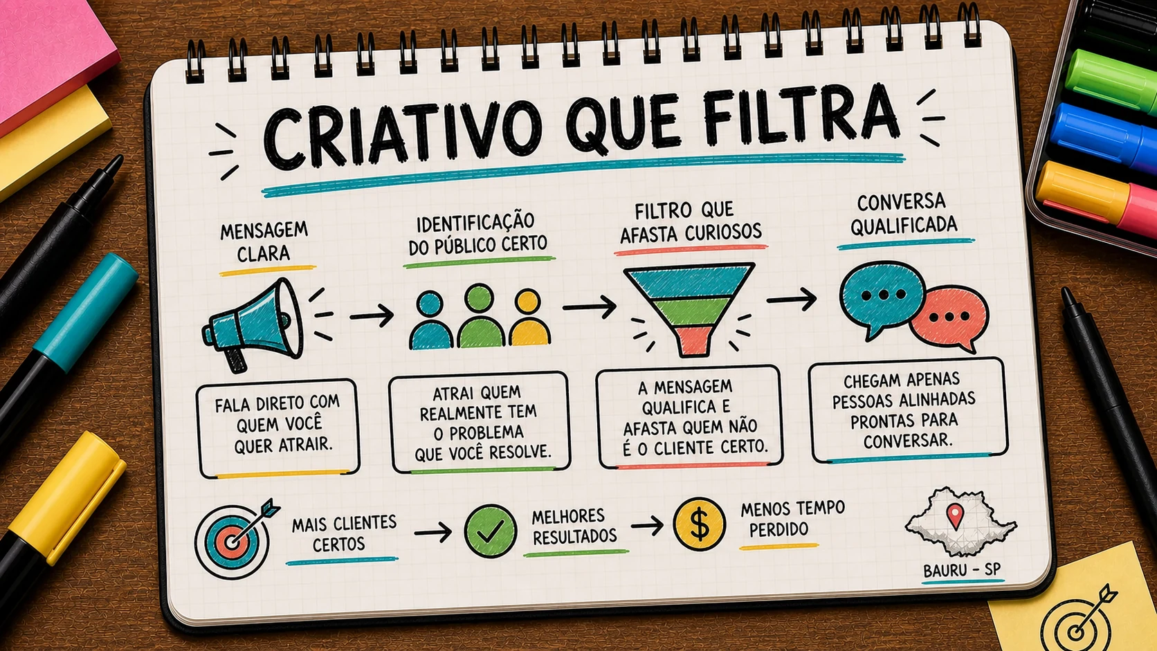 Caderno ilustrado sobre criativos para Meta Ads, com etapas de campanha, atendimento e venda
