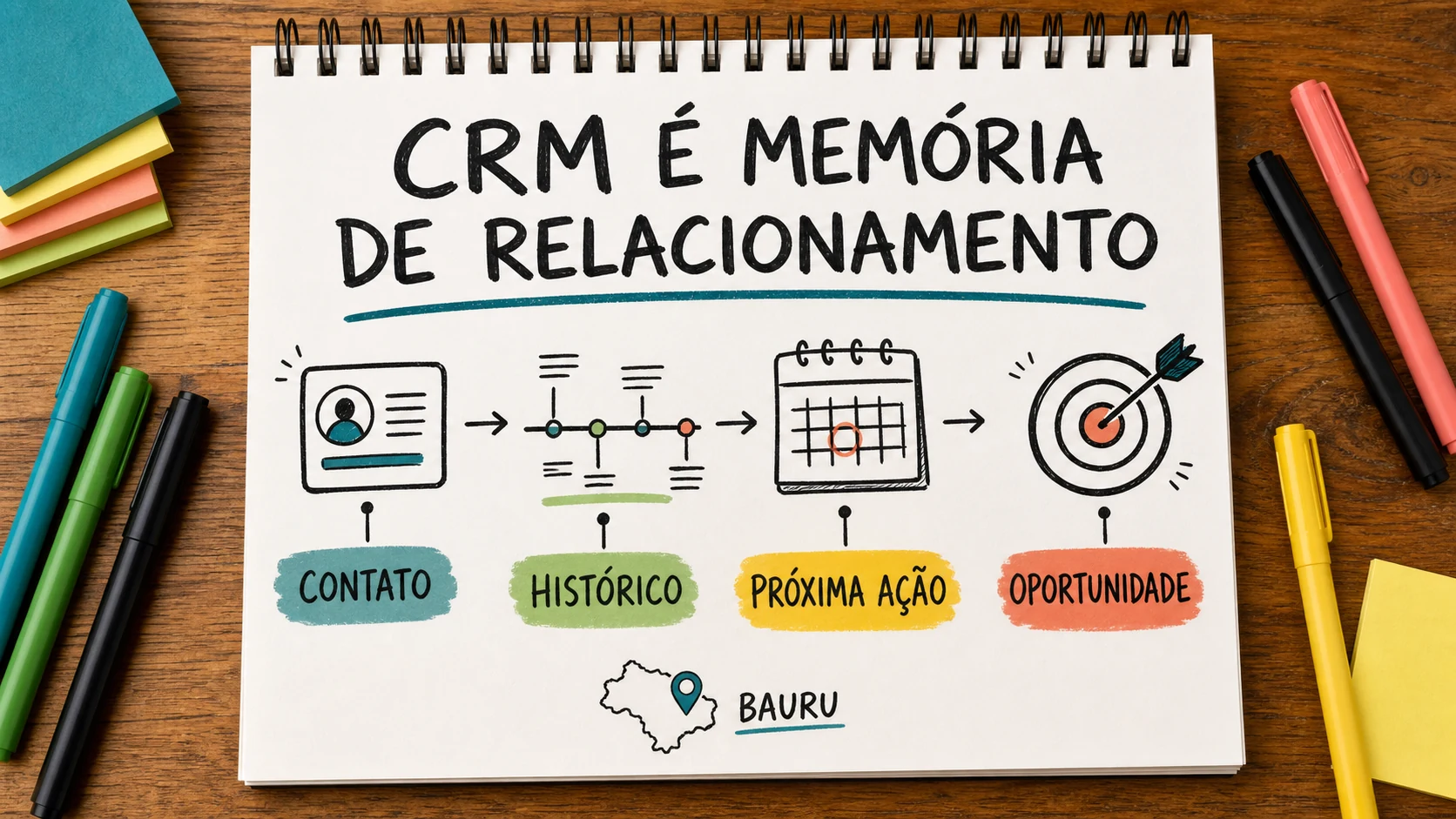 Caderno colorido com cartões organizados em um CRM para corretora