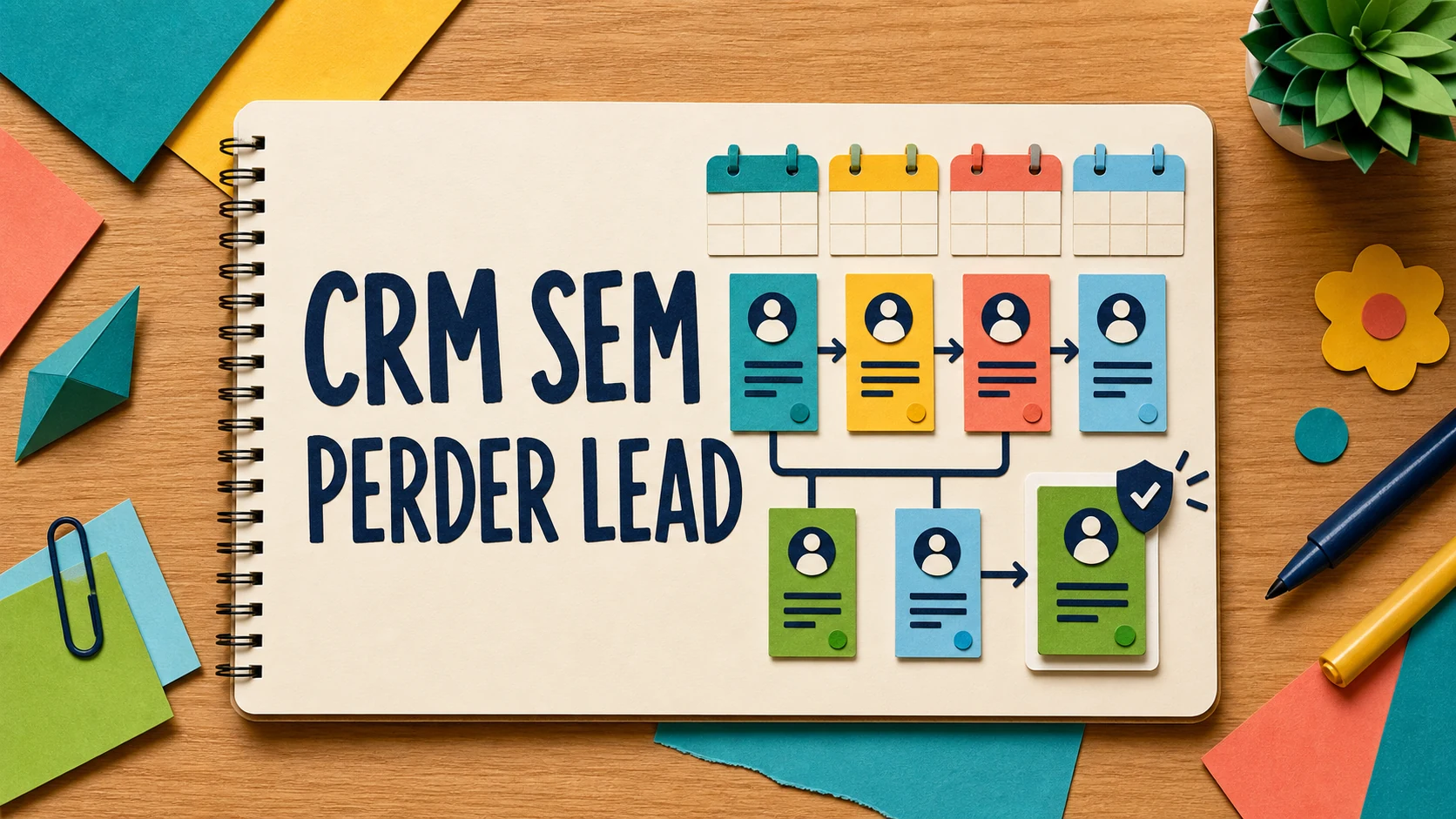 Caderno colorido com cartões organizados em um CRM para corretora