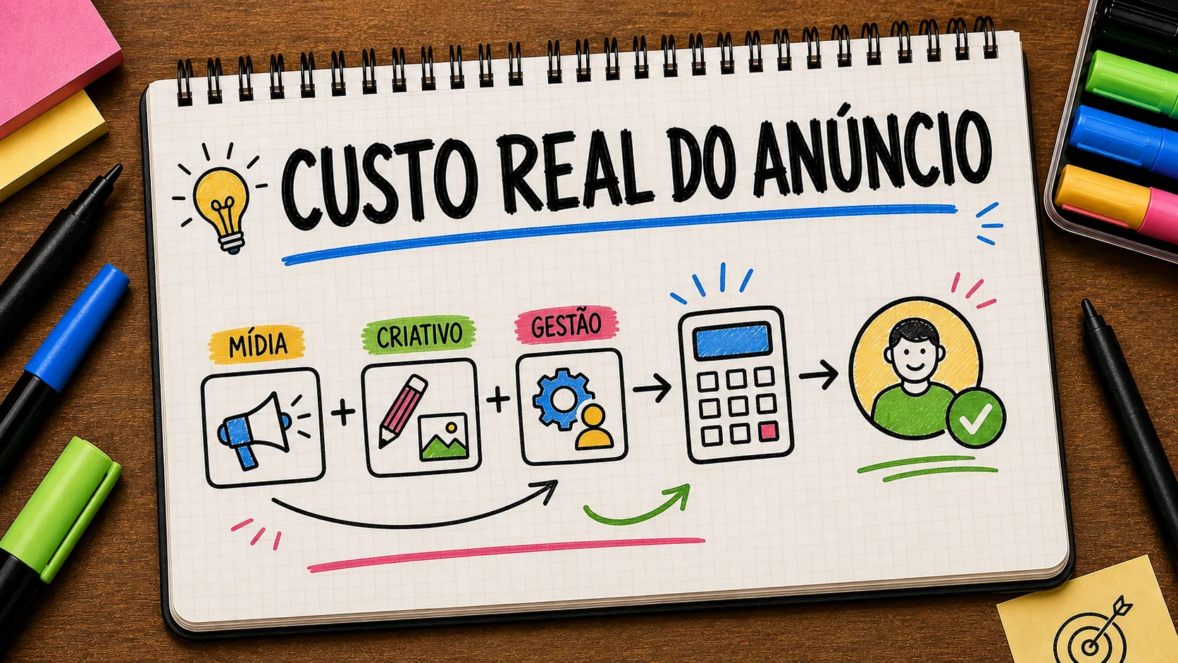 Caderno sketchnote com mídia, criativo e gestão no custo de anunciar no Instagram