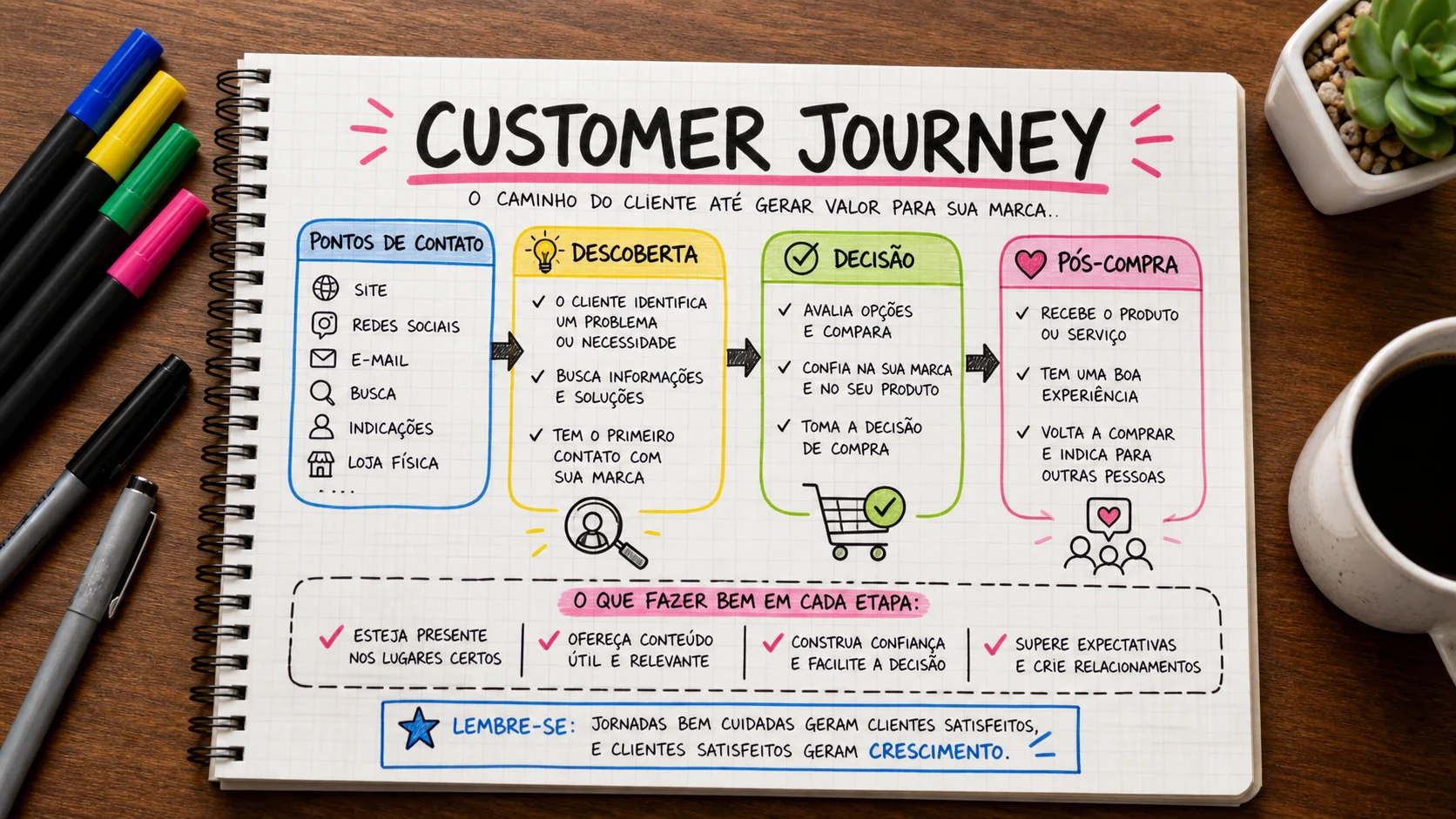 Customer journey marketing em uma cena editorial sobre decisão, mensagem e comportamento de compra.
