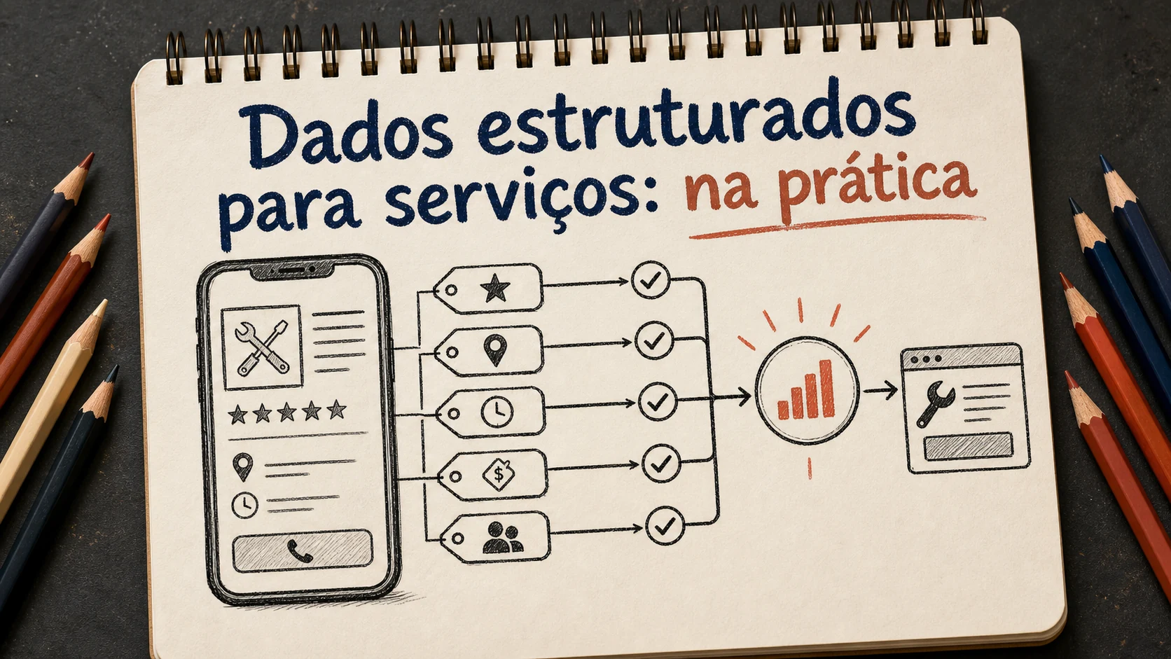 Dados estruturados para serviços em uma cena editorial sobre diagnóstico, escolha e próximos passos.