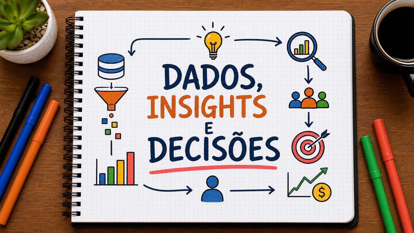 Ilustração editorial sobre dados, insights e decisões aplicada a empresas