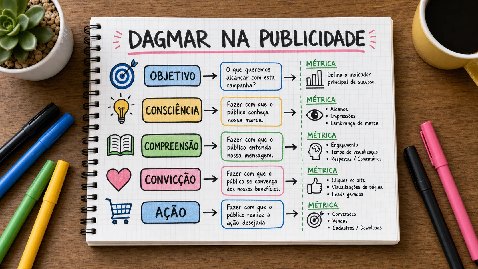 DAGMAR publicidade em uma cena editorial sobre decisão, mensagem e comportamento de compra.