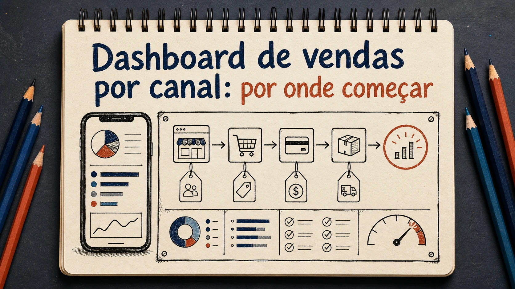 Dashboard de vendas por canal em uma cena editorial sobre diagnóstico, escolha e próximos passos.